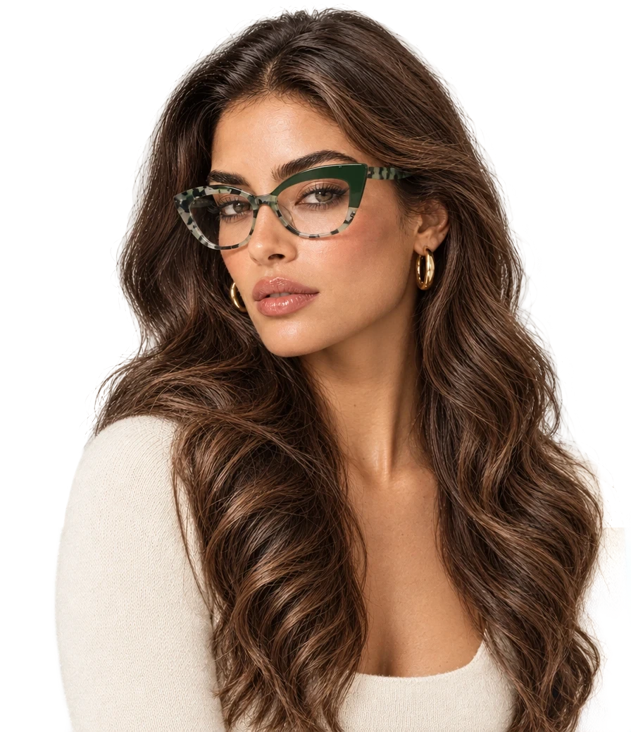 Model wearing Dream Fever H2119 C2 cat-eye eyeglasses in green camo and bottle-green acetate