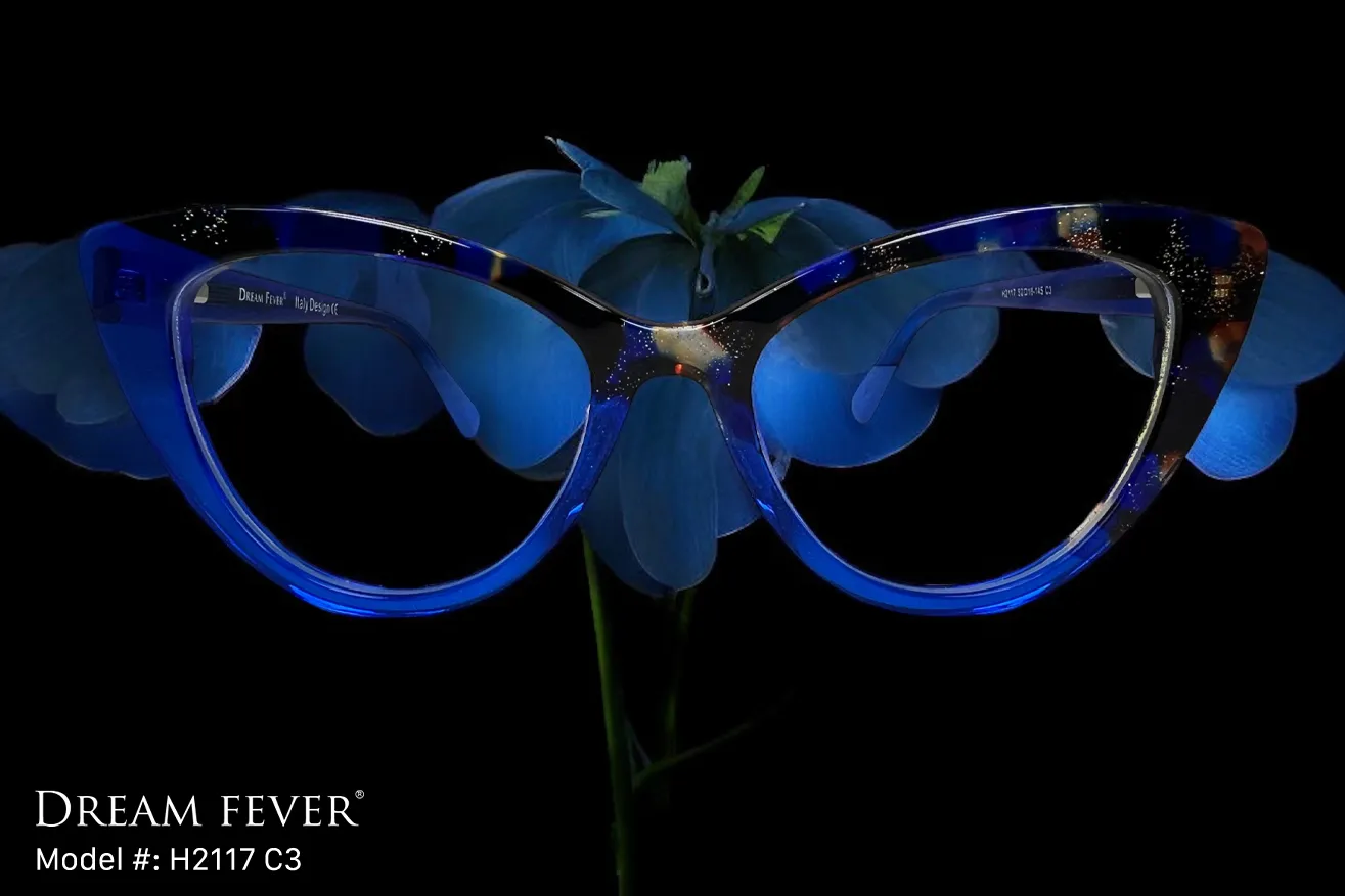 Dream Fever H2117 cat-eye eyeglasses in blue and tortoise acetate