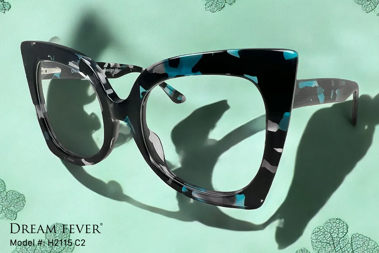 Dream Fever H2115 oversized cat-eye eyeglasses in black and teal marble acetate